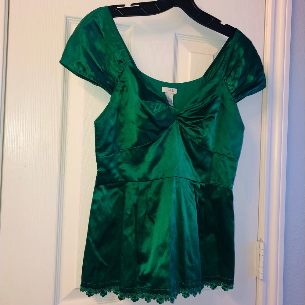 Anthropologie Odille Green Silk Blouse Cap Sleeves